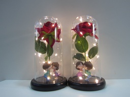 [PIV-0771] Cupula de vidrio con novios,rosa artifical roja y luz 21x11